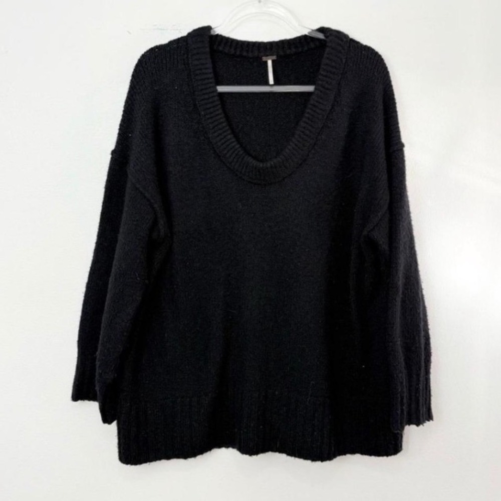 Free People V-Neck Oversized High-Low Textured Knit Sweater Black Women Size S